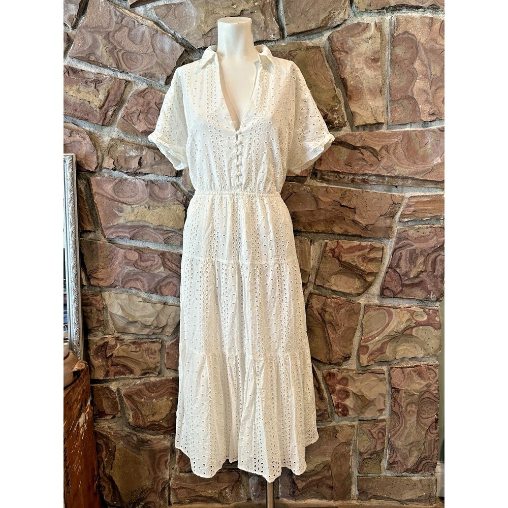 ELOQUII Elements White Short Sleeve Tiered‎ Eyelet Midi Dress Size 16 Bridal